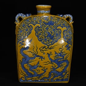 An Exquisite Blue and White Yellow Glazed Dragon and Phoenix Pattern Lotus Pattern Vase