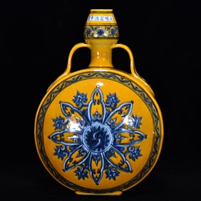 An Exquisite Blue and White Yellow Glazed Lotus Pattern Double-Ears Vase