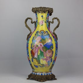 An Exquisite Famille-Rose Inlaid Bronze Character and Story Pattern Double-Ears Vase