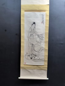 A Chinese Vertical Scroll Ink Painting of Statue of Avalokitesvara on Paper