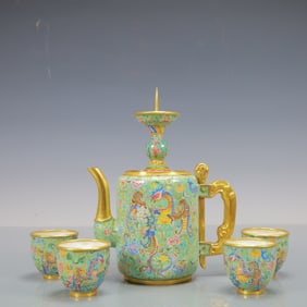 A Exquisite A Set of Coppery Enamel Lotus Pattern Phoenix Pattern Ewer Cup