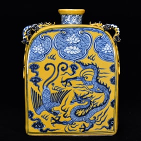 An Exquisite Blue and White Yellow Glazed Dragon and Phoenix Pattern Lotus Pattern Vase