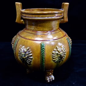An Exquisite Tang Tri-Color Glazed Pottery Beast-Face Pattern Double-Ears and Tripod Censer