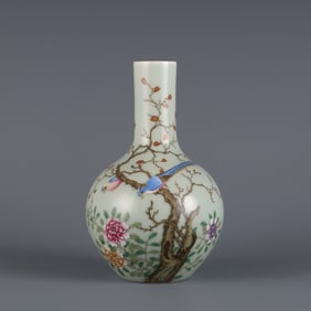 An Exquisite Famille-Rose Celadon Glazed Flower and Bird Pattern with poem Vase