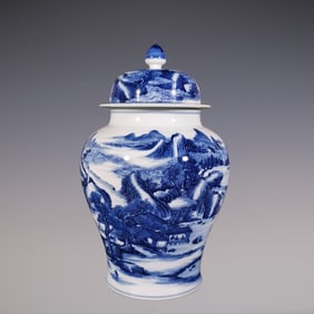 An Exquisite Blue and White Landscape and Figure Pattern Jar