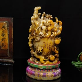 An Exquisite Shoushan Stone Chi-Dragon Pattern Flower and Fruit Pattern Seal Ornament