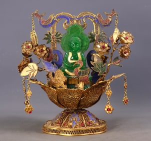 An Exquisite Gilt Bronze Inlaid Jadeite Buddha Statue