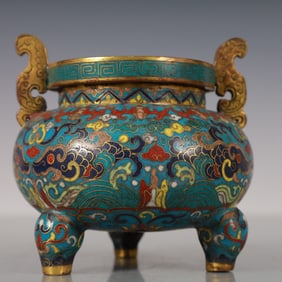An Exquisite Cloisonne Gilt Bronze Fish and Lotus Pattern Double-Ears Tripod Censer