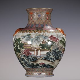 An Exquisite Famille-Rose Painted Gold Landscape and Figure Pattern Vase