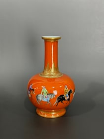 An Exquisite Iron-Red Painted Gold Character and Story Pattern Vase