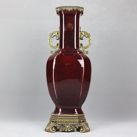 An Exquisite Flambe Glazed Inlaid Bronze Double-Ears Vase