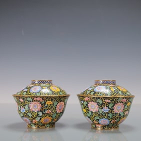 A Exquisite A pair of Coppery Enamel Bats and Peach Pattern Lotus Pattern Cup