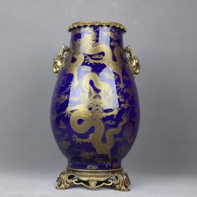 An Exquisite Ji Blue Glazed Inlaid Bronze Painted Gold Dragon Pattern Double-Ears Vase
