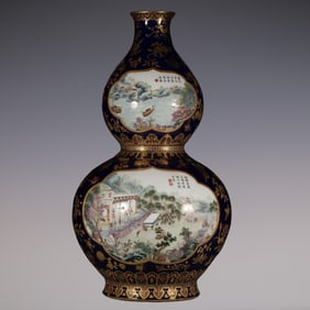 An Exquisite Famille-Rose Ji Blue Glazed Painted Gold Flower and Butterfly Pattern Landscape and