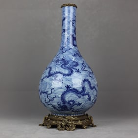An Exquisite Blue and White Inlaid Bronze Seawater Pattern Dragon Pattern Vase