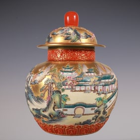 An Exquisite Enamel Lotus Pattern Landscape and Figure Pattern Tea Caddy
