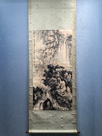 A Chinese Vertical Scroll Ink Painting of Landscape on Paper