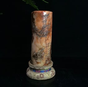 An Exquisite Shoushan Stone Landscape and Figure Pattern with poem Seal Ornament