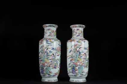 A Pair of Exquisite Famille-Rose Character and Story Pattern Seawater Pattern Vase