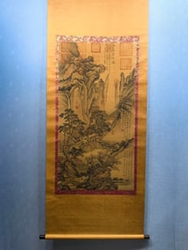 A Chinese Vertical Scroll Ink Painting of Landscape on Silk