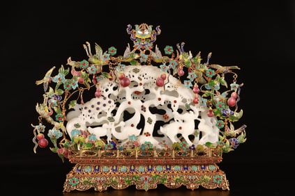 An Exquisite Gilt Bronze Inlaid White Jade Flower and Bird Pattern Ornament