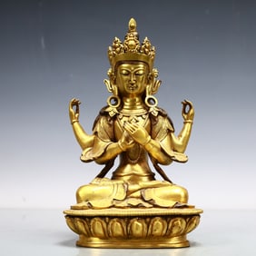 A Exquisite Gilt Bronze Four-arms Statue of Avalokitesvara