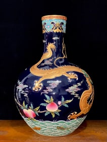 An Exquisite Ji Blue Glazed Painted Gold Dragon Pattern Seawater Pattern Bats and Peach Pattern Vase