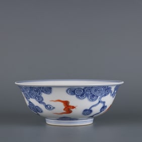 An Exquisite Blue and White Iron-Red Bats Pattern Bowl