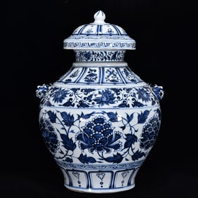 An Exquisite Blue and White Lotus Pattern Double-Ears Jar