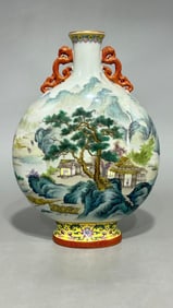 An Exquisite Famille-Rose Landscape and Figure Pattern Lotus Pattern with poem Double-Ears Vase