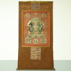 An Exquisite Brocade Painted Color Four-arms Statue of Avalokitesvara Tangka