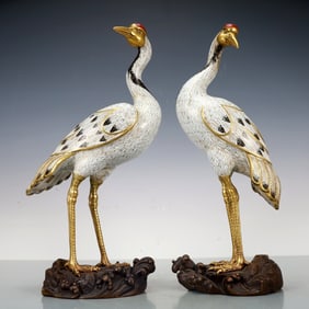 A Exquisite A pair of Cloisonne Gilt Bronze Crane Ornament