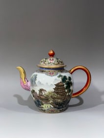 An Exquisite Iron-Red Painted Gold Lotus Pattern Landscape Pattern with poem Teapot