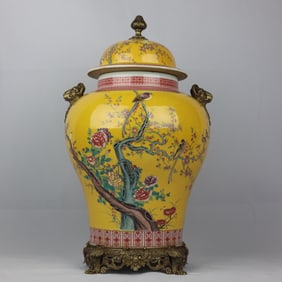 An Exquisite Famille-Rose Yellow Glazed Inlaid Bronze Flower and Bird Pattern Double-Ears Jar