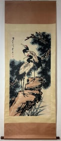 A Chinese Vertical Scroll Ink Painting of Pine and Crane on Paper