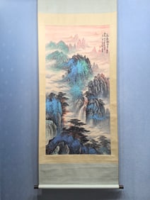 A Chinese Vertical Scroll Ink Painting of Landscape on Paper