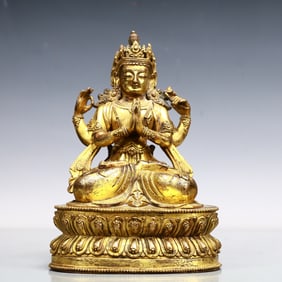 A Exquisite Gilt Bronze Four-arms Statue of Avalokitesvara