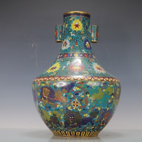 A Exquisite Cloisonne Lotus Pattern Auspicious Beast Pattern Double-Ears Vase