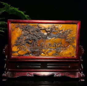 An Exquisite Shoushan Stone Landscape and Figure Pattern with poem Screen Ornament
