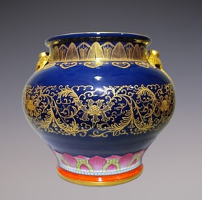 An Exquisite Ruby Blue-Glazed Painted Gold Lotus Pattern Double-Ears Jar