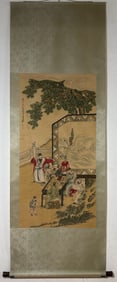 A Chinese Vertical Scroll Ink Painting of Character and Story on Silk