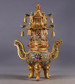 An Exquisite Gilt Bronze Inlaid Gems Lotus Pattern Double-Ears and Tripod Censer