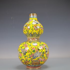 A Exquisite Coppery Enamel Flower and Fruit Pattern Crane Pattern Gourd-Shaped Vase