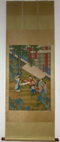 A Chinese Vertical Scroll Ink Painting of Character and Story on Silk
