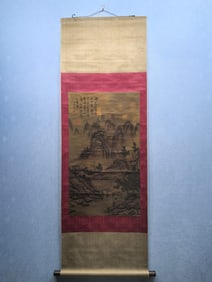 A Chinese Vertical Scroll Ink Painting of Landscape on Silk