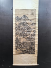 A Chinese Vertical Scroll Ink Painting of Landscape on Paper