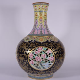A Exquisite Famille-Rose Ji Blue Glazed Painted Gold Flower Pattern Vase