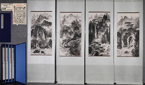 A Set of Chinese Vertical Scroll China Ink Painting of Landscape on Paper
