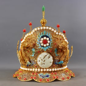 A Exquisite Hotan Jade Gilt Dragon Hat