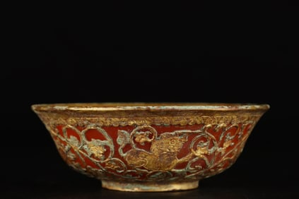 A Exquisite Gilt Bronze Agate Auspicious Beast Pattern Bowl